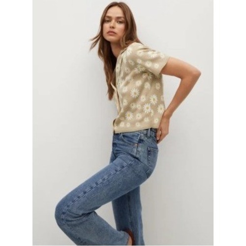 Mango Women's Floral Light Fine Knit Cardigan Beige Daisy Metallic Size S Good